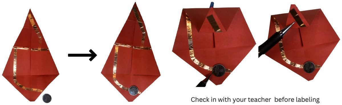 The coin battery placed at the end of the bottom copper path, and labeling plus and minus with a pen