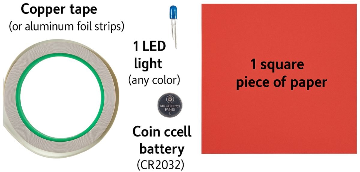Copper tape, one LED, a coin cell battery and a square piece of paper