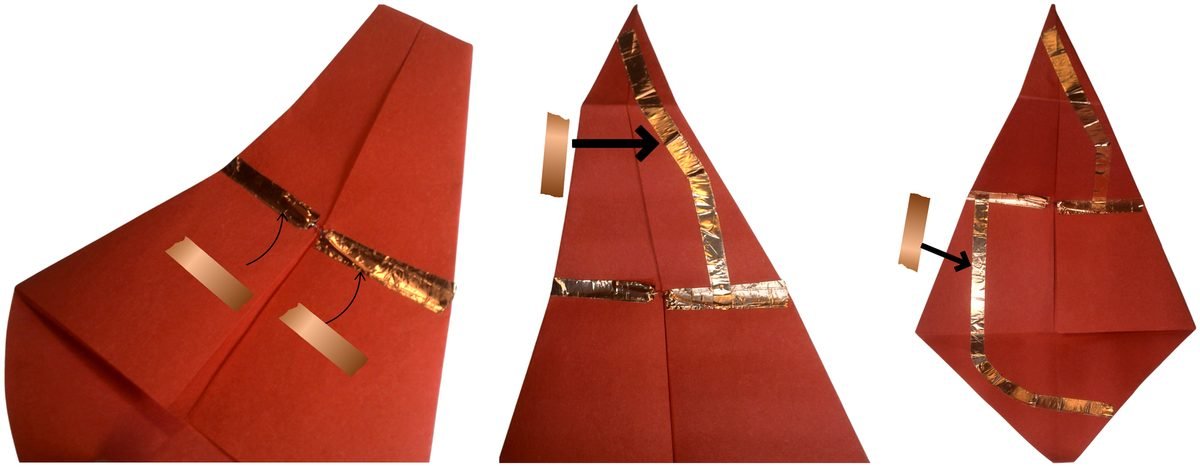 Copper tape paths: one running up to the top point, the other running down the side to the bottom